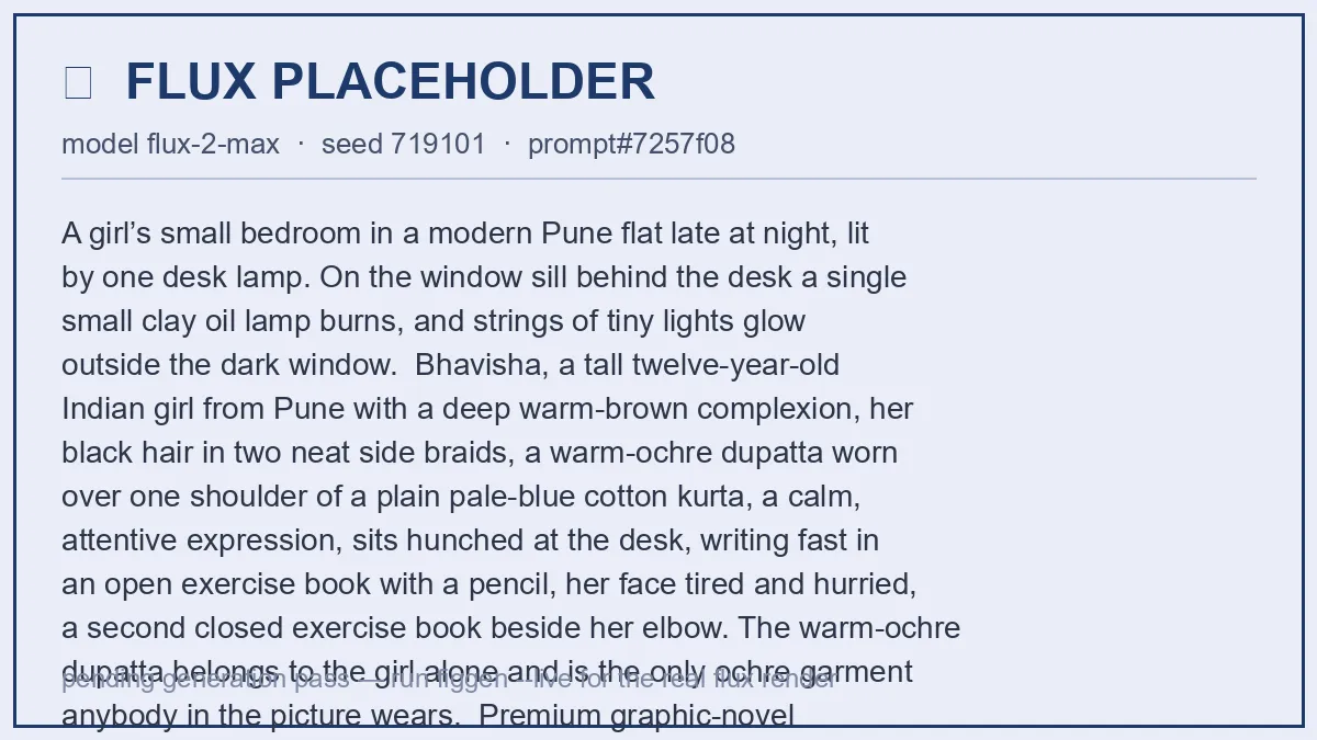 Late on the last night of the holiday, Bhavisha writes fast at her desk under a lamp; a small oil lamp burns on the window sill.