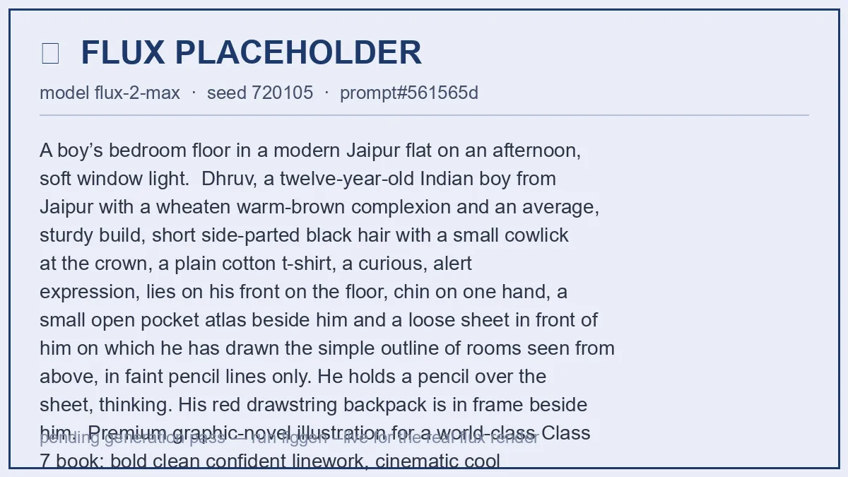 Dhruv lies on his bedroom floor beside his open pocket atlas, pencil over a sheet on which he has drawn rooms from above.