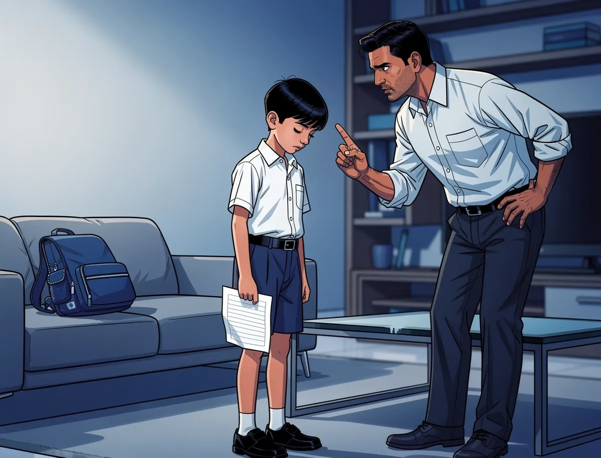 A father and a boy of about eleven sit at a table in an Indian home in the evening. The father is talking seriously and the boy is listening with his head down. A test paper lies on the table between them. Nothing written on it is legible.