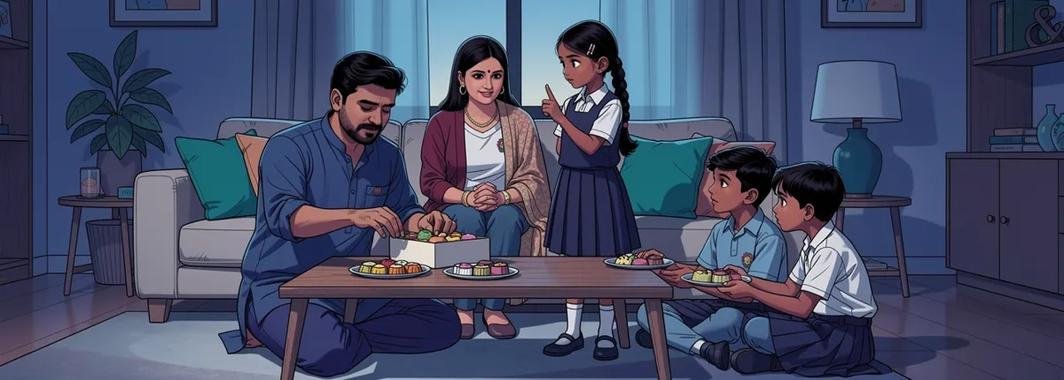 A father divides a box of sweets onto small plates for two children while Meera watches his hands closely, one finger raised.