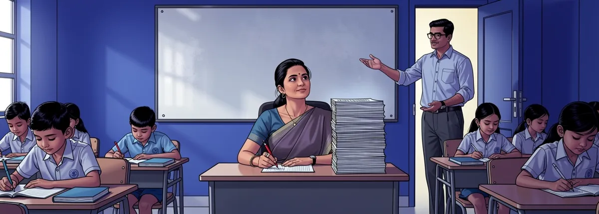 A teacher at the front desk with a stack of blank answer sheets; a boy with her face writes in the second row; another teacher at the door holds out his hand for the stack.