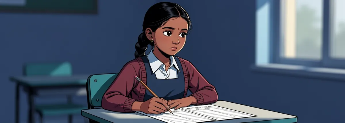 Meera at a desk by a window with a sheet ruled into two blank columns, pencil in hand, looking from one column to the other.