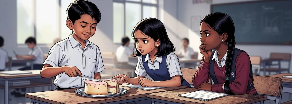 A boy has just cut a small cake into two uneven halves and looks pleased. A girl beside him points at the smaller slice. A third girl, Meera, watches from the next desk.