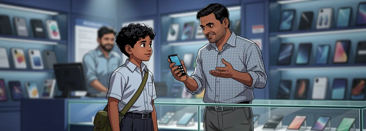 Mamu now holds just one phone, nodding to the shopkeeper. Kabir watches from beside him, thoughtful.