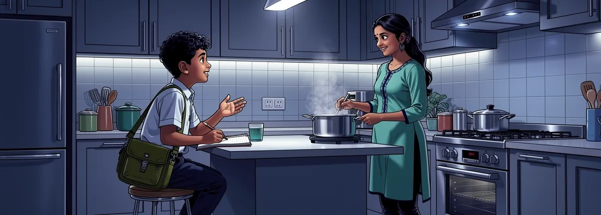 Kabir sits at the kitchen counter with a notebook, asking his mother a question while she stirs a pot, smiling as she thinks back.