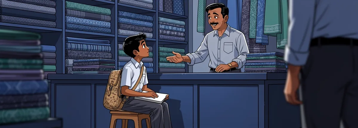 Aarav’s Kaka gestures across the counter of his cloth shop to a customer, confident and amused. Aarav sits nearby on a stool, listening.