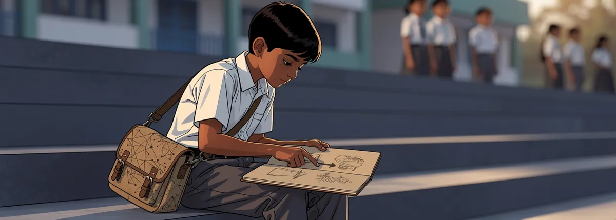 Aarav on a school step, notebook open flat across his knees, now three small sketches in a row joined by two arrows, his finger on the middle one.