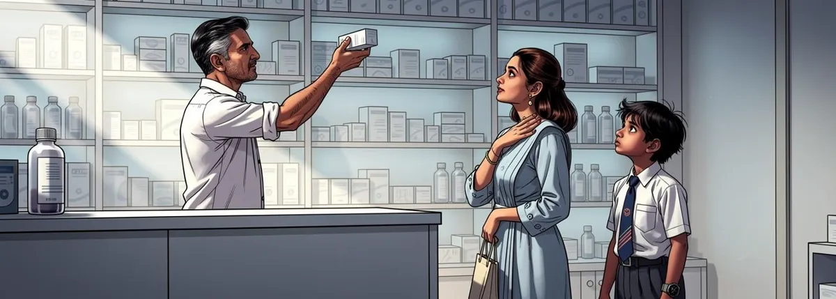 A chemist reaches for a box on a high shelf while a customer waits, hand on her throat. Arjun stands behind her, watching the chemist’s hand.