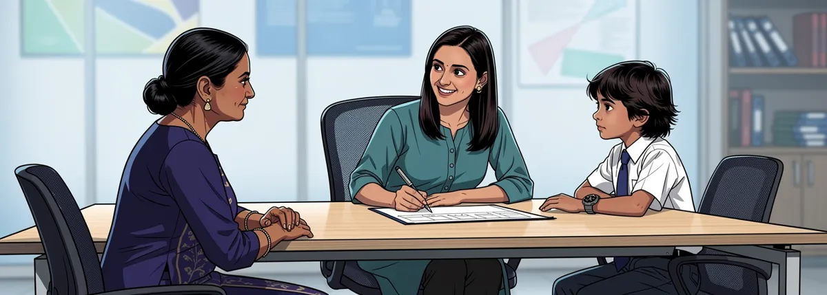 A coaching-centre counselor taps a price chart, smiling warmly, while a mother and her son listen. Arjun, beside them, watches her face rather than the chart.