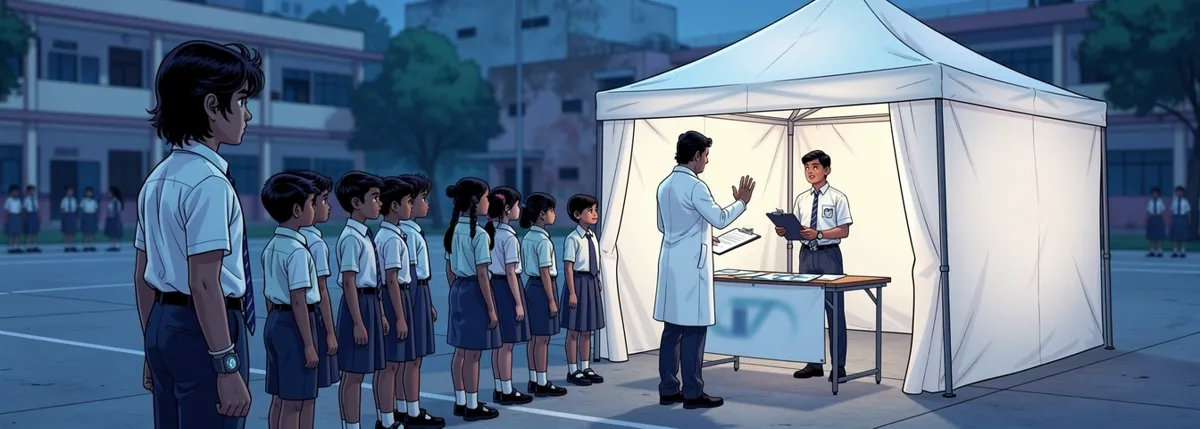 A white screening tent on a school playground. A man in a white coat waves the next child forward. Arjun stands at the back of the line, looking at the tent.