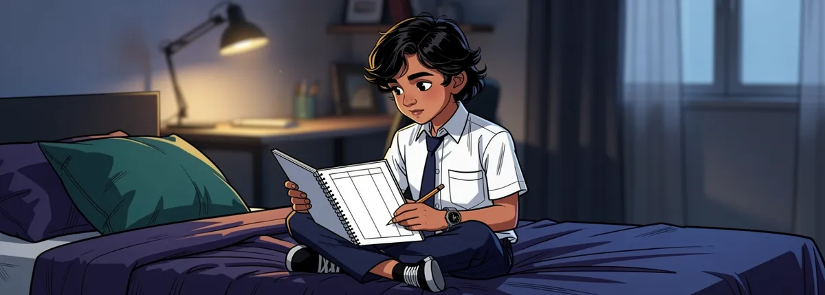 Arjun on his bed with a two-column notebook, pencil in hand, looking from one column to the other.