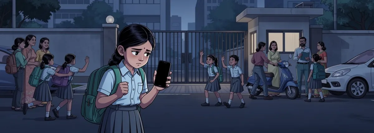 A girl holds up her phone at the school gate, its screen dark and switched off, disappointed, as other children are met by their parents.
