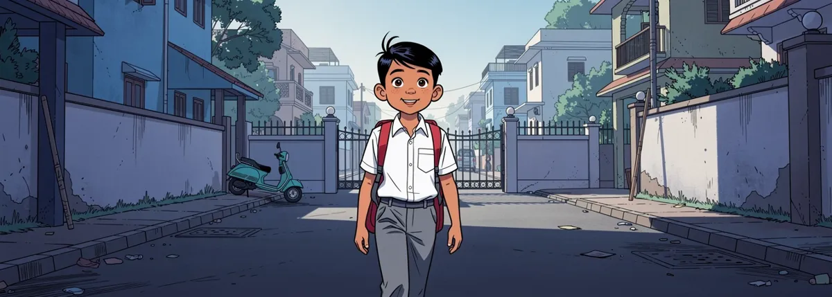 Dhruv walks toward the school gate on a quiet morning, backpack on, with a small satisfied smile, a few minutes ahead of an ordinary pace.