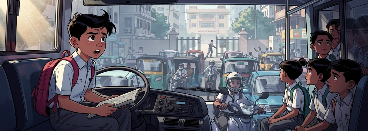 Dhruv sits by the window of a crowded bus in stalled traffic, his pocket atlas open on his knee, looking anxiously ahead. A school gate down the street is starting to close.