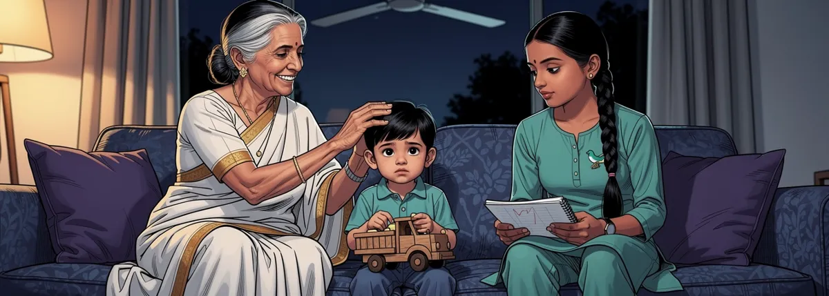 Ammachi smiles with her hand on Ammu’s forehead as he plays on the sofa. Nila sits beside them with her notebook open, not yet sure.