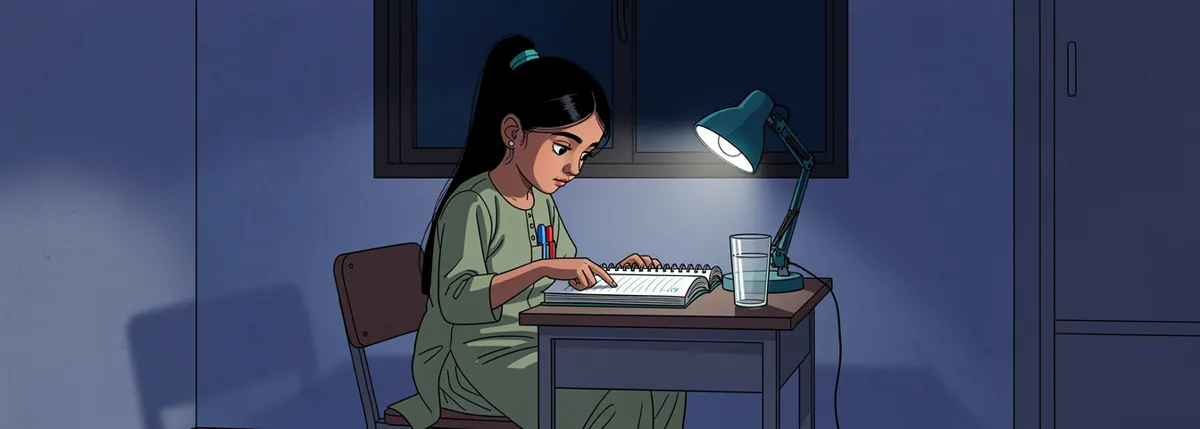 Ananya sits at her desk at night under a lamp, turning the pages of a thick notebook one at a time, calm and intent.