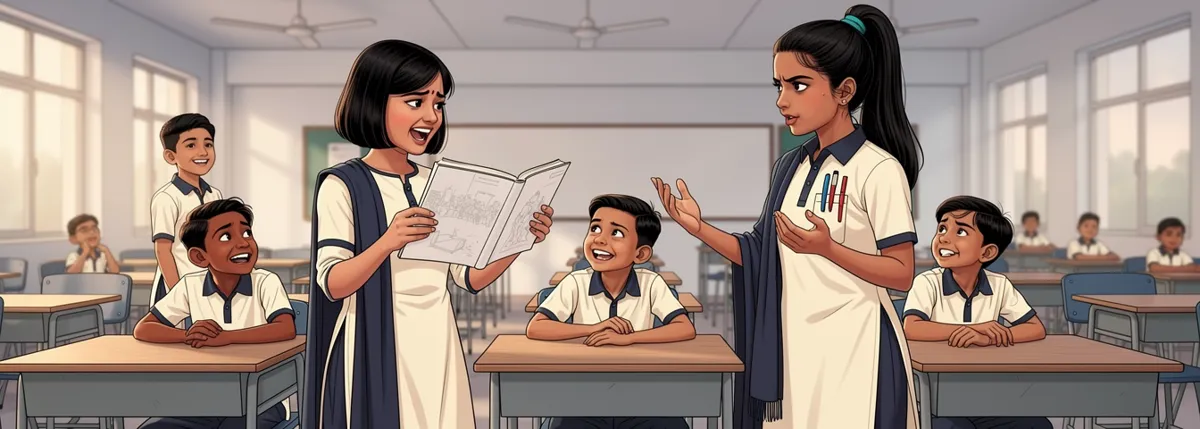 Simran stands in the classroom holding Ananya’s book up, laughing and reading from it to three grinning classmates. Ananya stands two desks away, her face hot and tight.