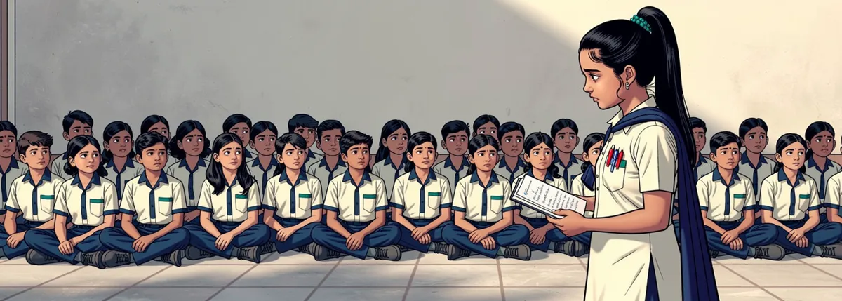 Ananya stands at the front of the school assembly holding her book open in both hands, gripping it, plainly frightened. Rows of children sit on the ground.