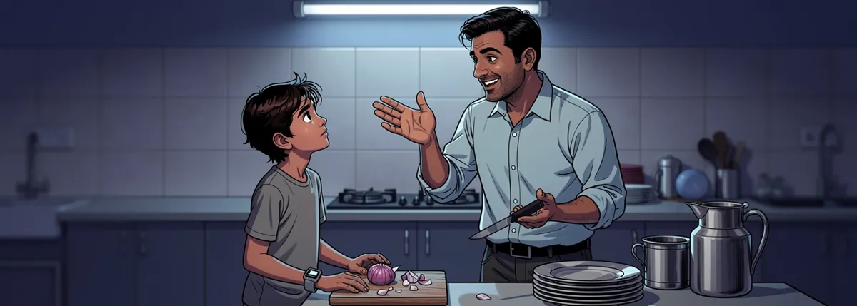 Appa at the counter, knife in one hand, the other raised in a cheerful that-is-the-way gesture. Arjun beside him with a half-chopped onion, listening.