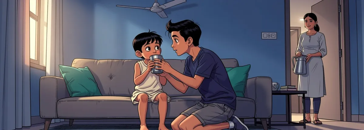 Veer sits up on the sofa with both hands around a steel glass. Dhruv kneels in front of him, holding it to his lips. Mummy watches from the doorway with a jug.