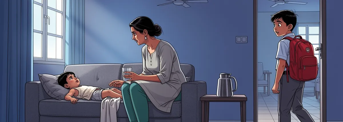 Veer lies limp on the sofa with dry lips. Mummy sits on the edge with a steel glass. Dhruv stands in the doorway with his backpack, looking back at his brother.