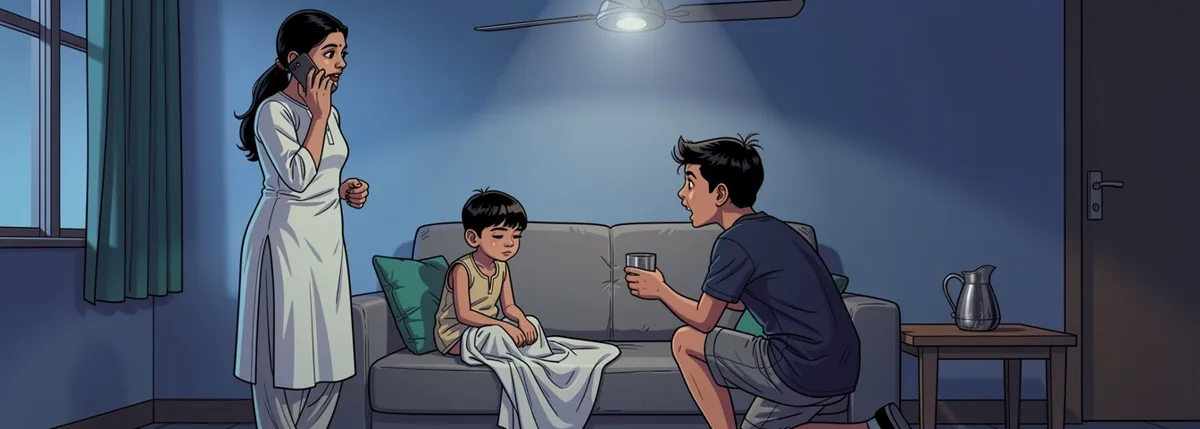 Mummy by the window with a phone to her ear, nodding politely. Dhruv kneels by the sofa holding a steel glass toward Veer, glancing back at her.