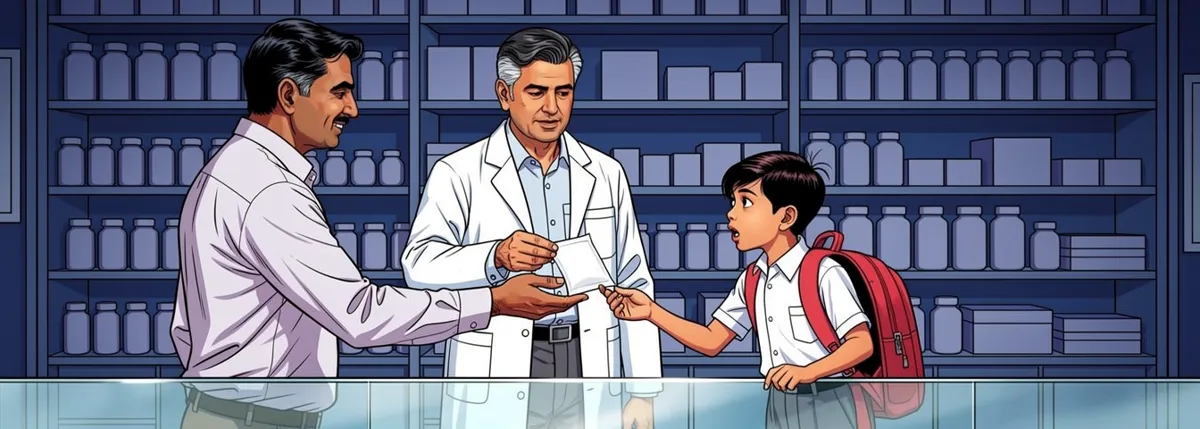 Across a chemist’s counter, the chemist holds out a small flat sachet. Papa reaches for it. Dhruv beside him looks at it with surprise.