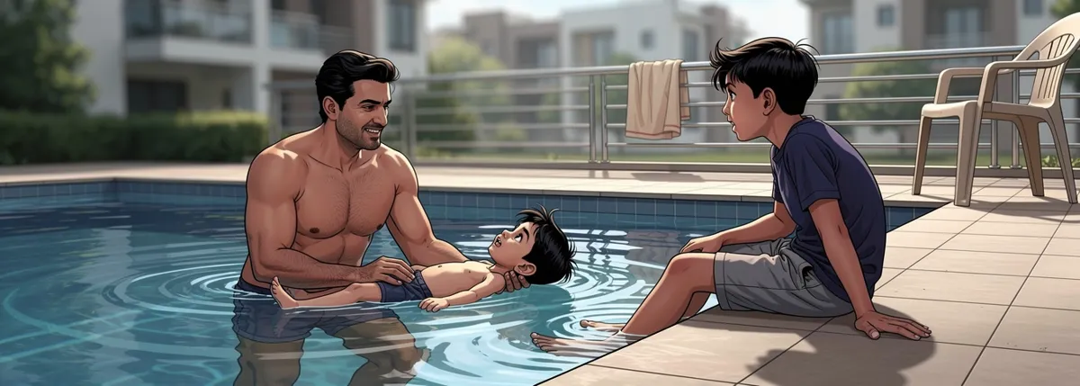 Veer floats on his back in the shallow water with Papa’s hands under him. Dhruv sits on the pool edge with his feet in the water, watching.