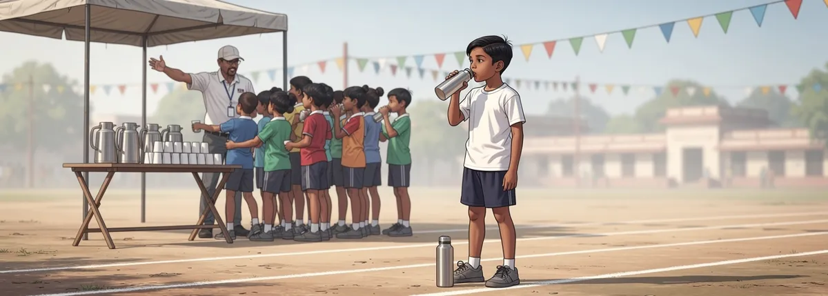 A trestle table of water under a small shade. A coach with a whistle hands out cups with a big gesture. Dhruv stands a little apart, drinking from one bottle, a second at his feet.