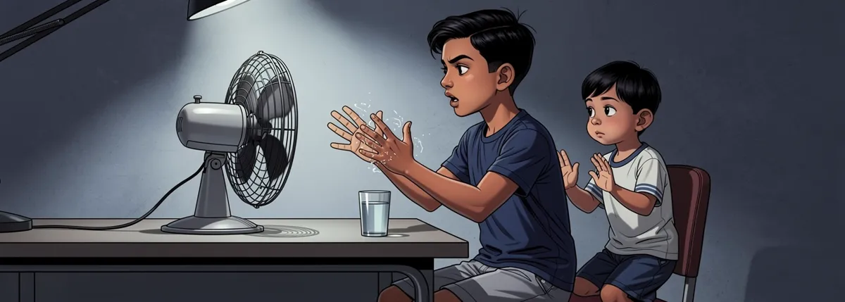 Dhruv at a desk at night holding both hands up in front of a small table fan, one wet, one dry. Veer beside him copying.