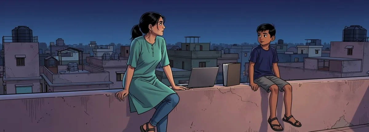 A rooftop terrace at dusk. Priya didi sits on the parapet with a closed laptop and a thick folder beside her, looking out over the rooftops. Dhruv sits beside her.