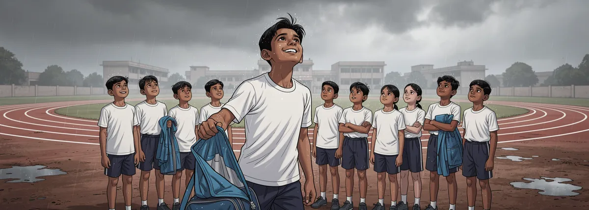 A school sports ground under low grey clouds, a drizzle starting. A row of children in PT kit wait by the track. Dhruv, at the front, pulls a blue raincoat out of his bag and grins at the sky.