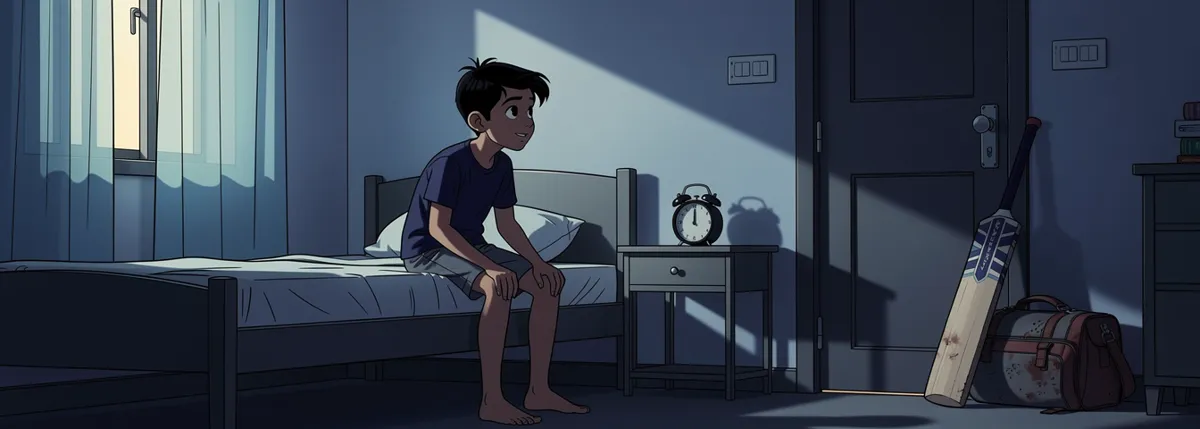 A bedroom in grey pre-dawn light. Dhruv sits on the edge of the bed, feet on the floor, hair flat on one side, looking across at the bat and kit bag by the door.
