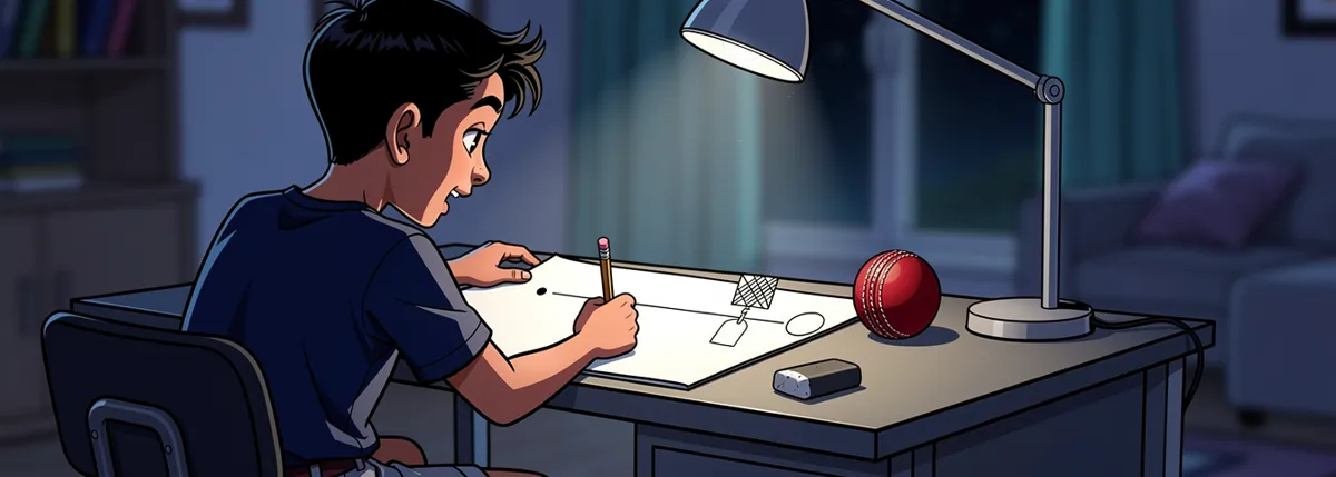 Over Dhruv’s shoulder: a sheet of paper with a dot at the left, a circle at the right, a line between them, a small hatched square on the line and a tag hanging under it. A cricket ball beside the paper.