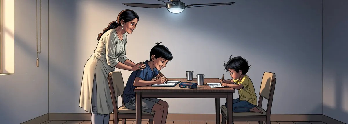 A dining table on a Sunday evening. A new diary lies open at its first page. Mummy stands by the chair. Dhruv writes with a small private smile while Veer scribbles beside him.