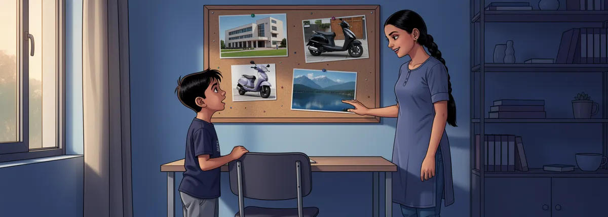 A study corner with a cork board over the desk, pinned with pictures of a college lawn, a scooter and a mountain lake. Riya didi rests a hand on the board and smiles down at Dhruv, who looks up at the pictures, unconvinced.