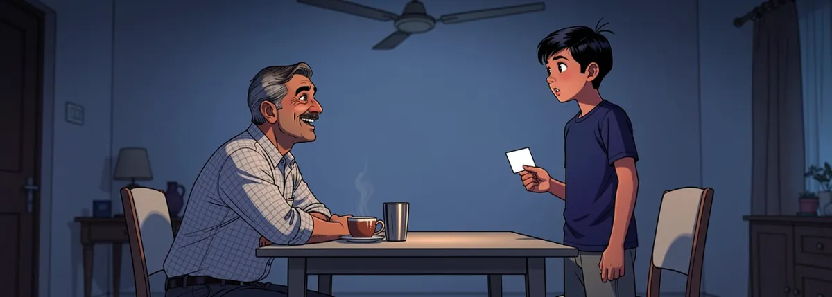 Papa sits at the dining table half-turned to his son, an elbow on the table, laughing kindly. Dhruv stands at the end of the table with a small blank card down at his side, listening.