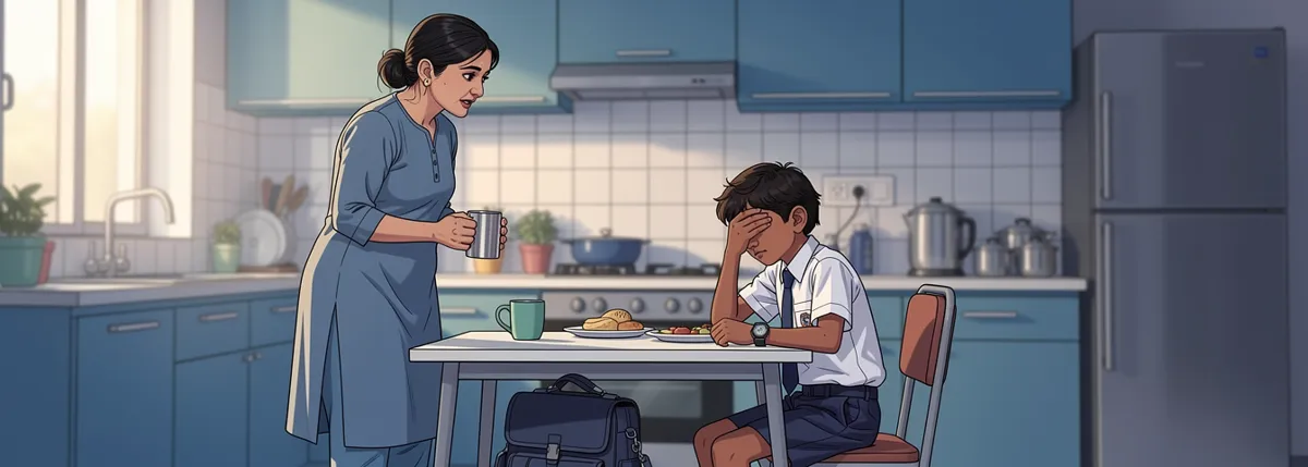 Arjun’s mother turns from the kitchen counter to speak gently to Arjun, who sits slumped and heavy-eyed over his breakfast plate with his school bag at his feet.