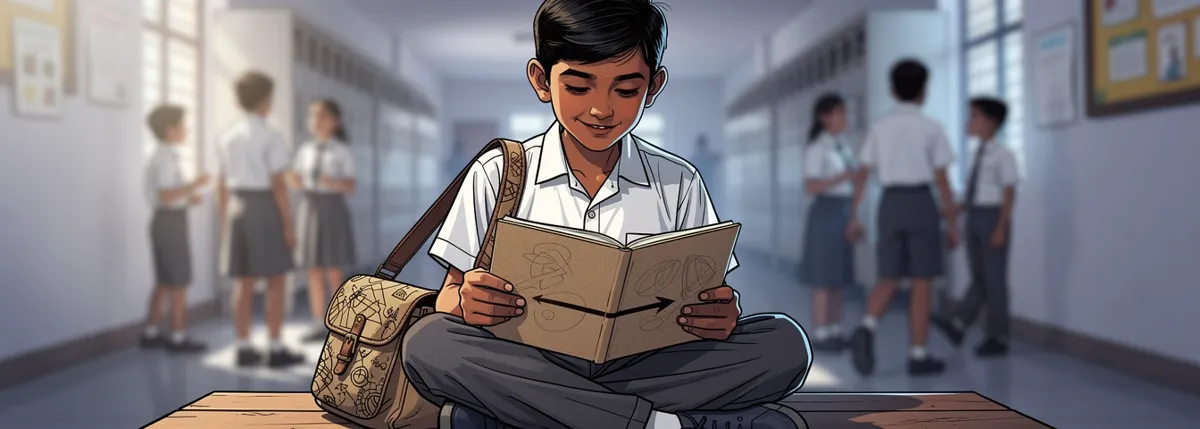 Aarav sits on a corridor bench with his kraft-paper notebook open on his knee, two rough sketches on facing halves of the page joined by one long hand-drawn arrow, his pencil resting on the arrow.