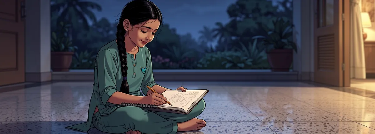 Nila sits cross-legged on a verandah floor in the evening with her notebook open flat on her knee and a pencil resting in the middle of the page.