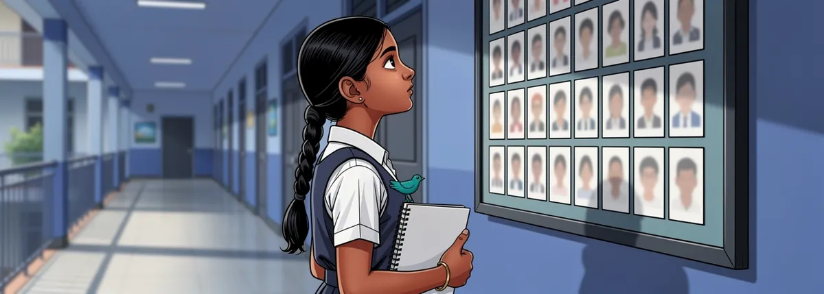 Nila stands in a school corridor looking up at a framed board of small portrait photographs, her notebook held closed against her side.