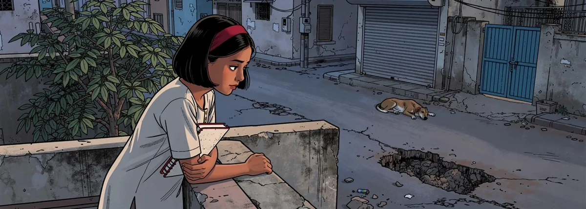 Priya leans on the parapet of a rooftop terrace at dusk with her notebook under one arm, looking down at the whole street below.