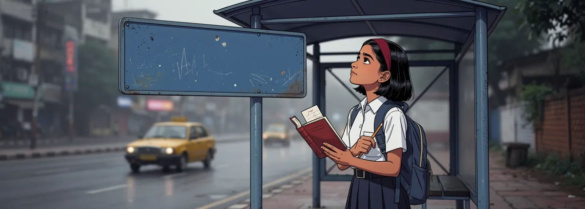 Priya stands at a bus stop with a red-spined notebook open and a pencil, looking up at the stop’s board.
