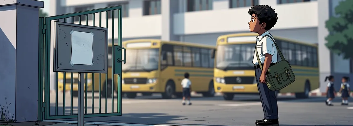 Kabir stands inside a school gate between a pinned notice and a teacher talking to parents; two yellow buses wait at the kerb.