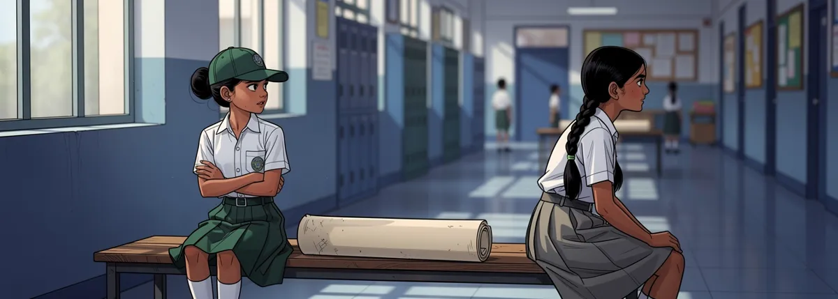 Tara and a classmate sit at opposite ends of a school bench, arms folded, looking away from each other, a rolled chart between them.