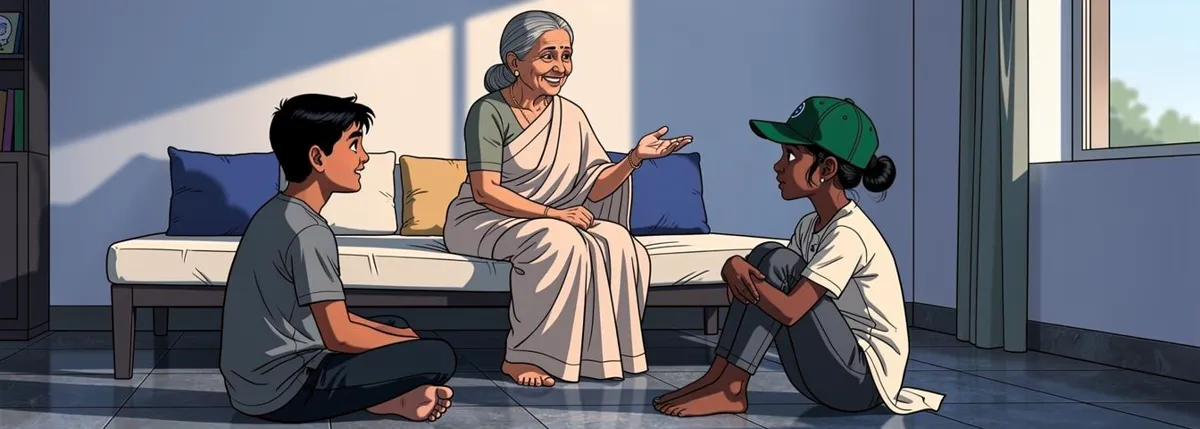 A grandmother on a low divan raises one hand, smiling, settling an argument; a boy and Tara sit on the floor in front of her.