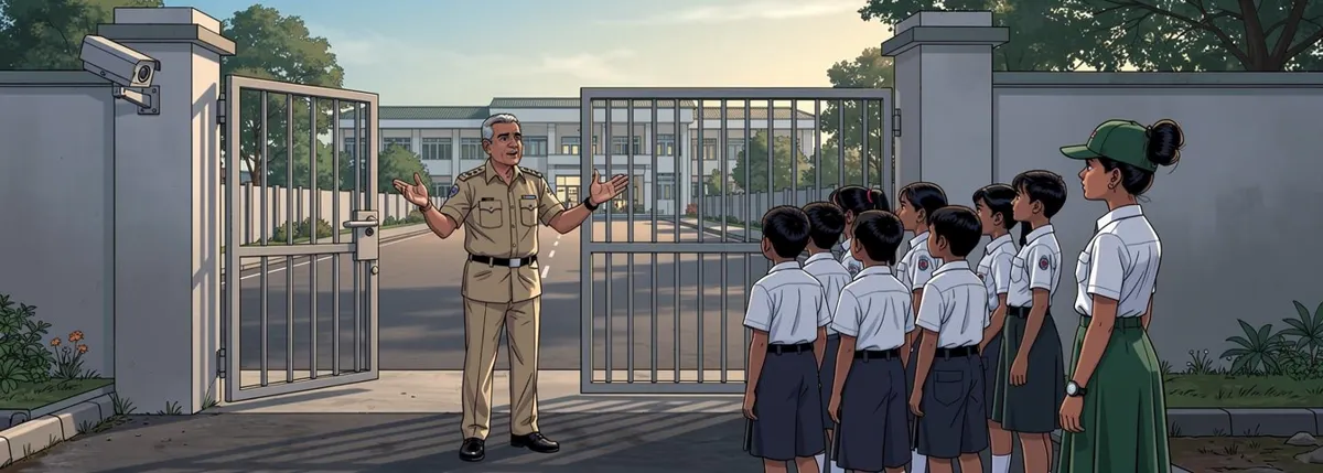 A school watchman spreads his hands wide as he tells a story at the gate; Tara listens at the edge of a group of children.