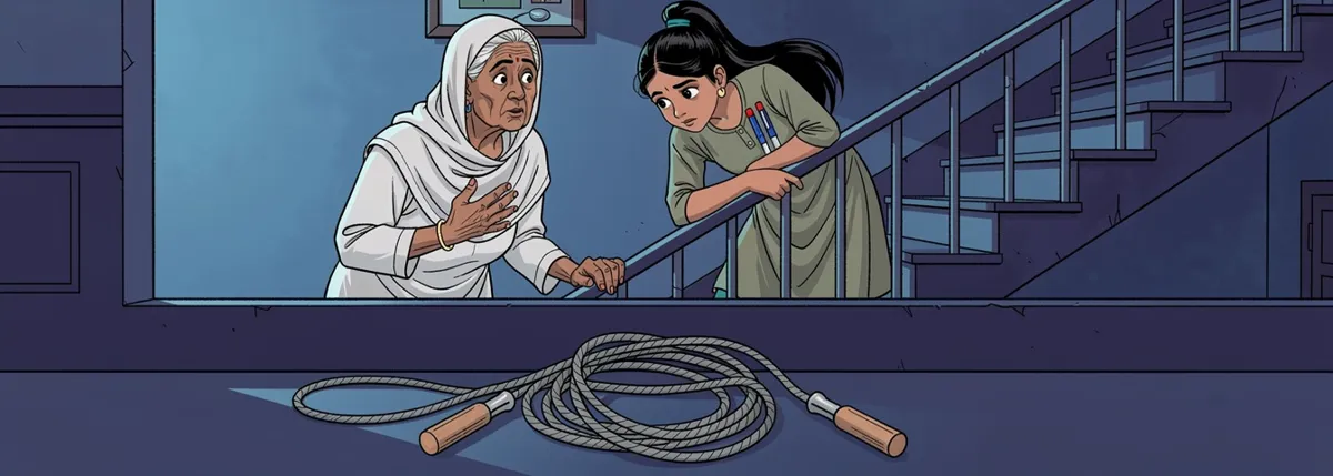 Biji has stopped halfway down the dim stairs, a hand to her chest; Ananya peers past her at a coiled skipping rope on the bottom step.