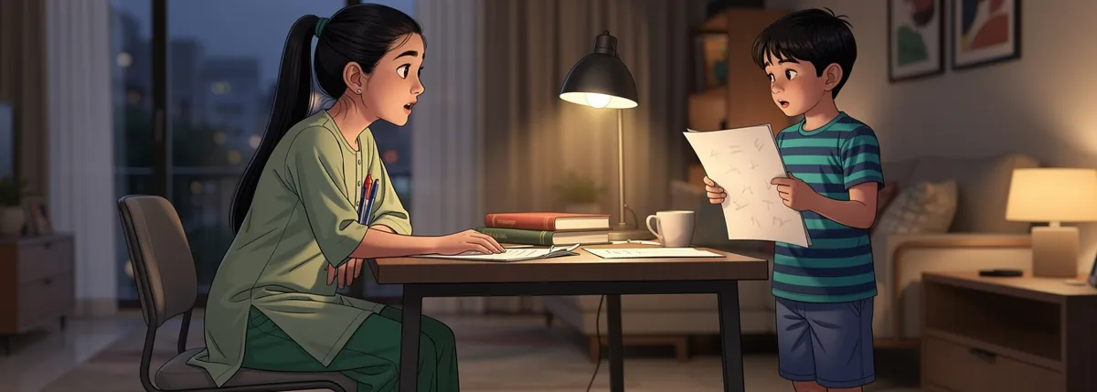 Ananya’s little brother reads her essay aloud with a finger under the line while she watches from her chair.