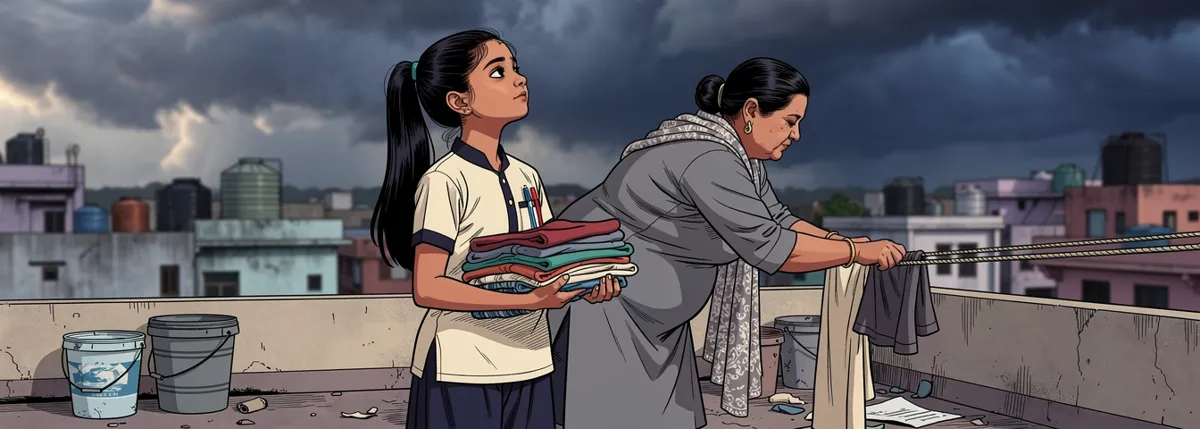 Ananya and her mother pull the washing off the line on a rooftop as dark storm clouds roll in.